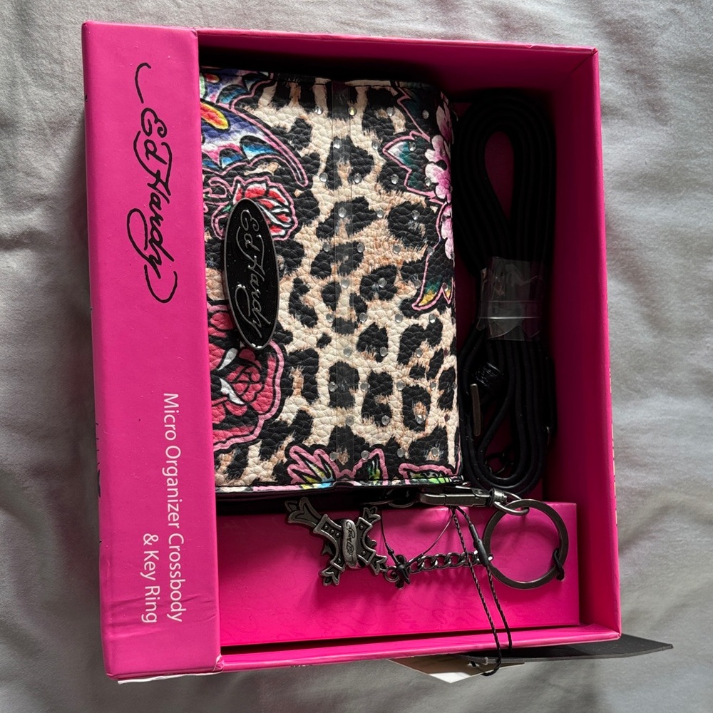 Ed Hardy Leopard Print Crossbody with Key Ring - Pink and Black